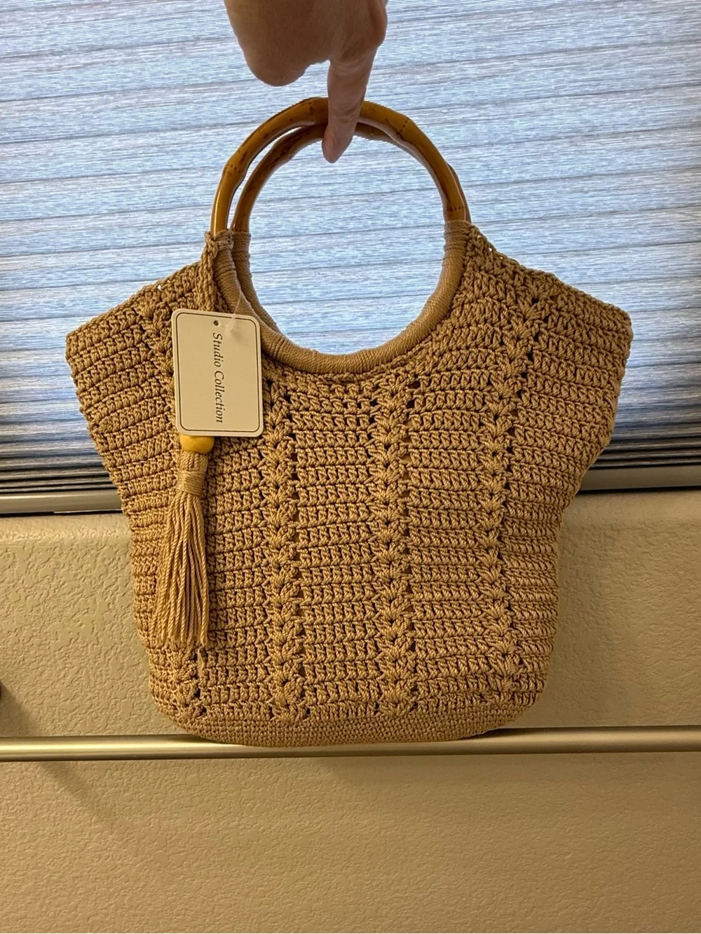Studio Collection Crochet Tote in Beige with Bamboo Handles NWT